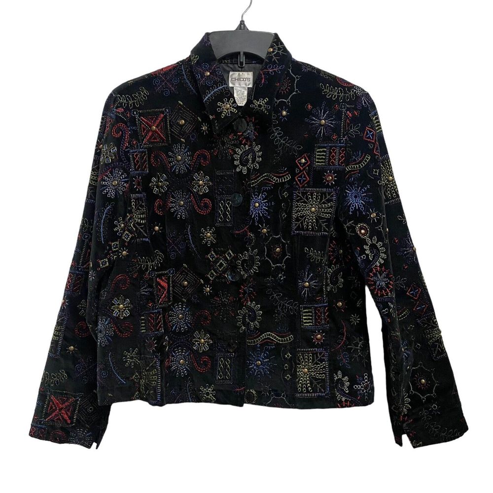 Chicos 0 Y2K Boho Jacket Polo Blazer Black Velvet Embroidered Jewel Lined Boho